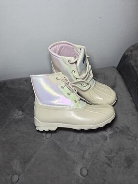 Sperry Cream Ankle Rain Boots with Iridescent Panels